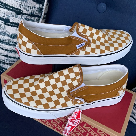 Vans Classic Slip-On Checkerboard Golden Brown/True White MENS - Picture 11 of 16